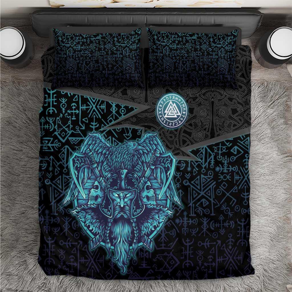 Viking Warrior and Raven Norse Mythology Bedding Set Neon Line Art with Rune Patterns