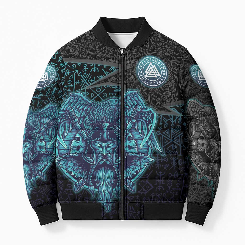 Viking Warrior and Raven Norse Mythology Bomber Puffer Jacket Neon Line Art with Rune Patterns