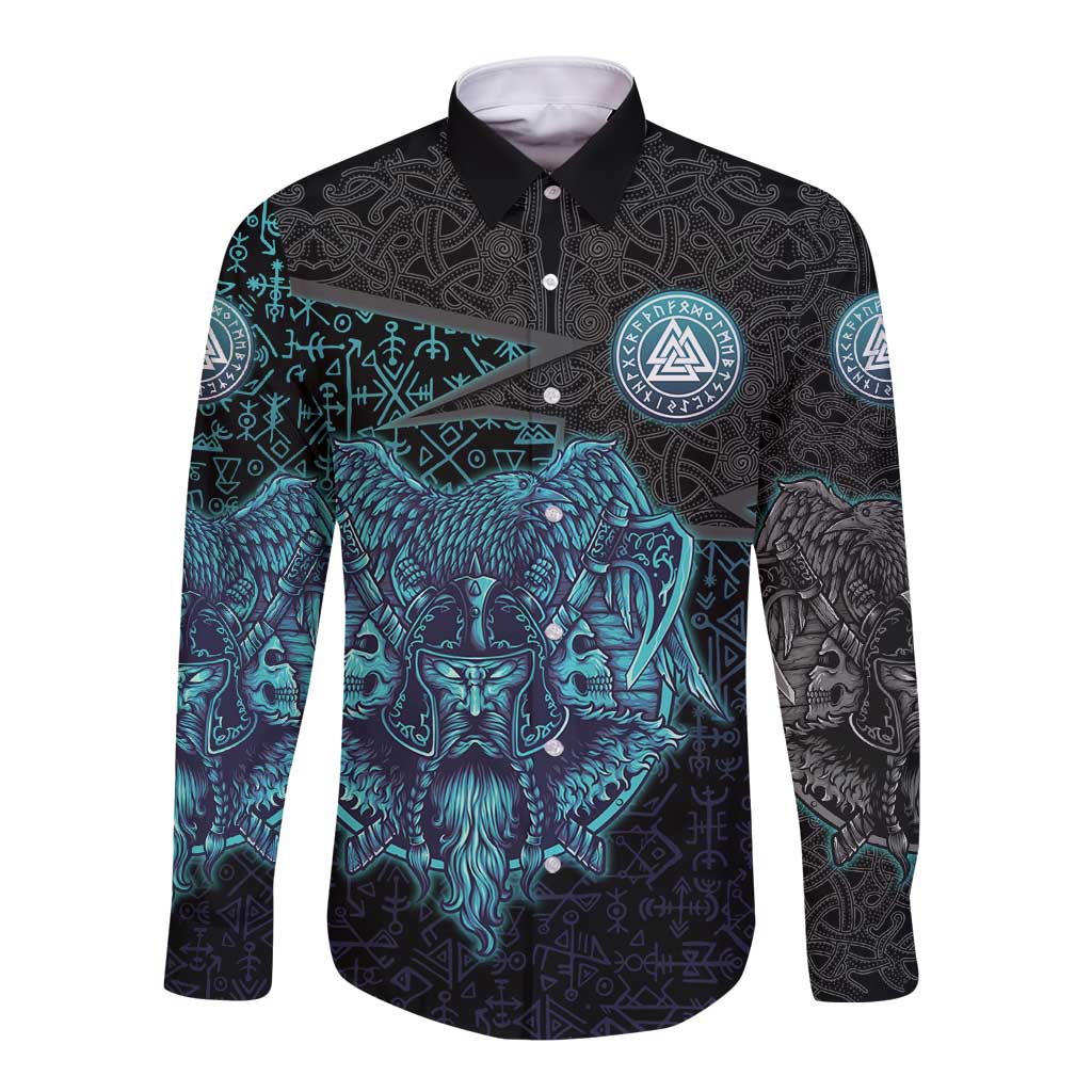 Viking Warrior and Raven Norse Mythology Long Sleeve Button Shirt Neon Line Art with Rune Patterns
