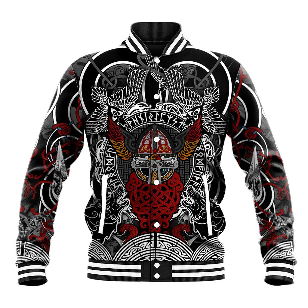 Viking Berserker and Valknut Norse Mythology Baseball Jacket Red and Black Celtic Knotwork Art