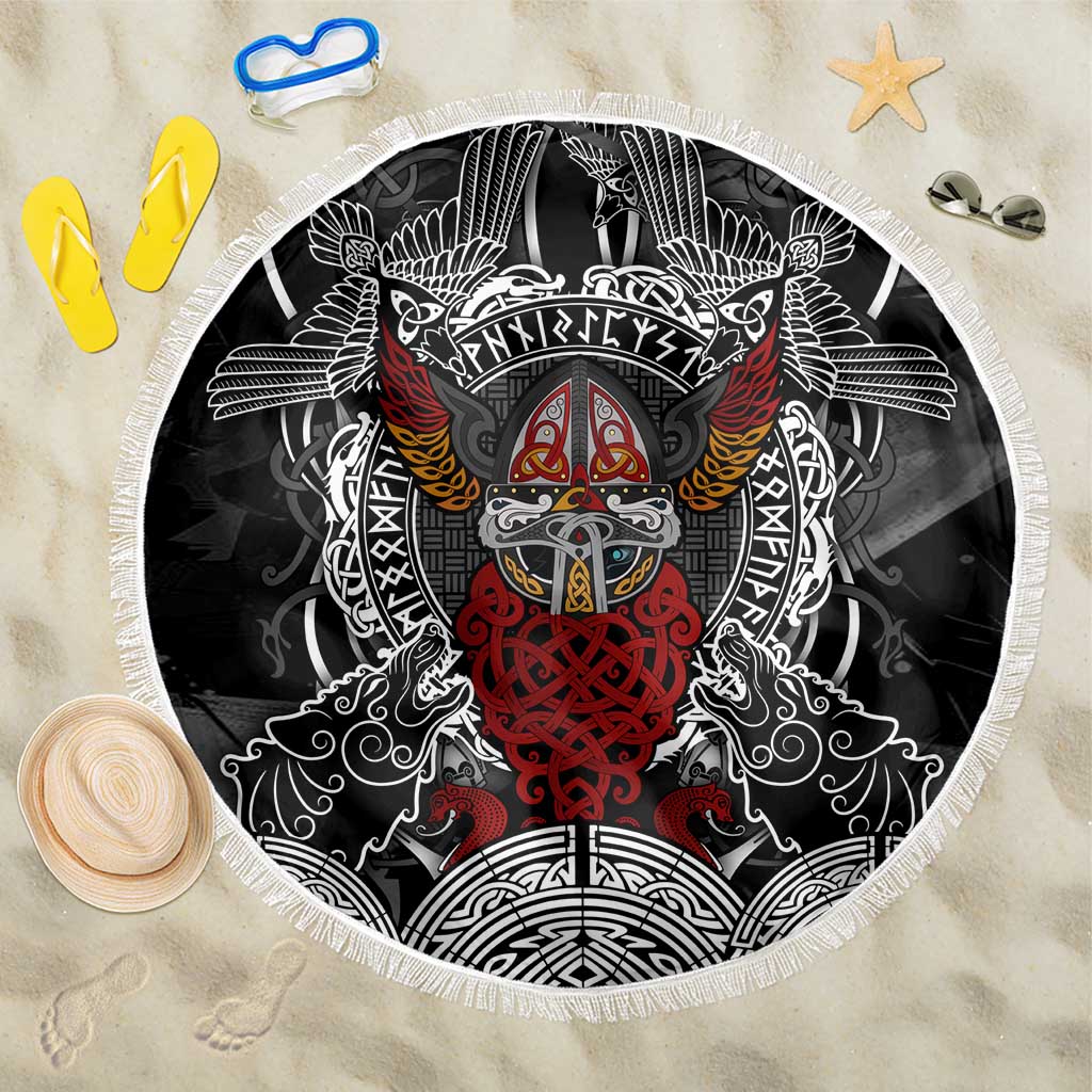 Viking Berserker and Valknut Norse Mythology Beach Blanket Red and Black Celtic Knotwork Art