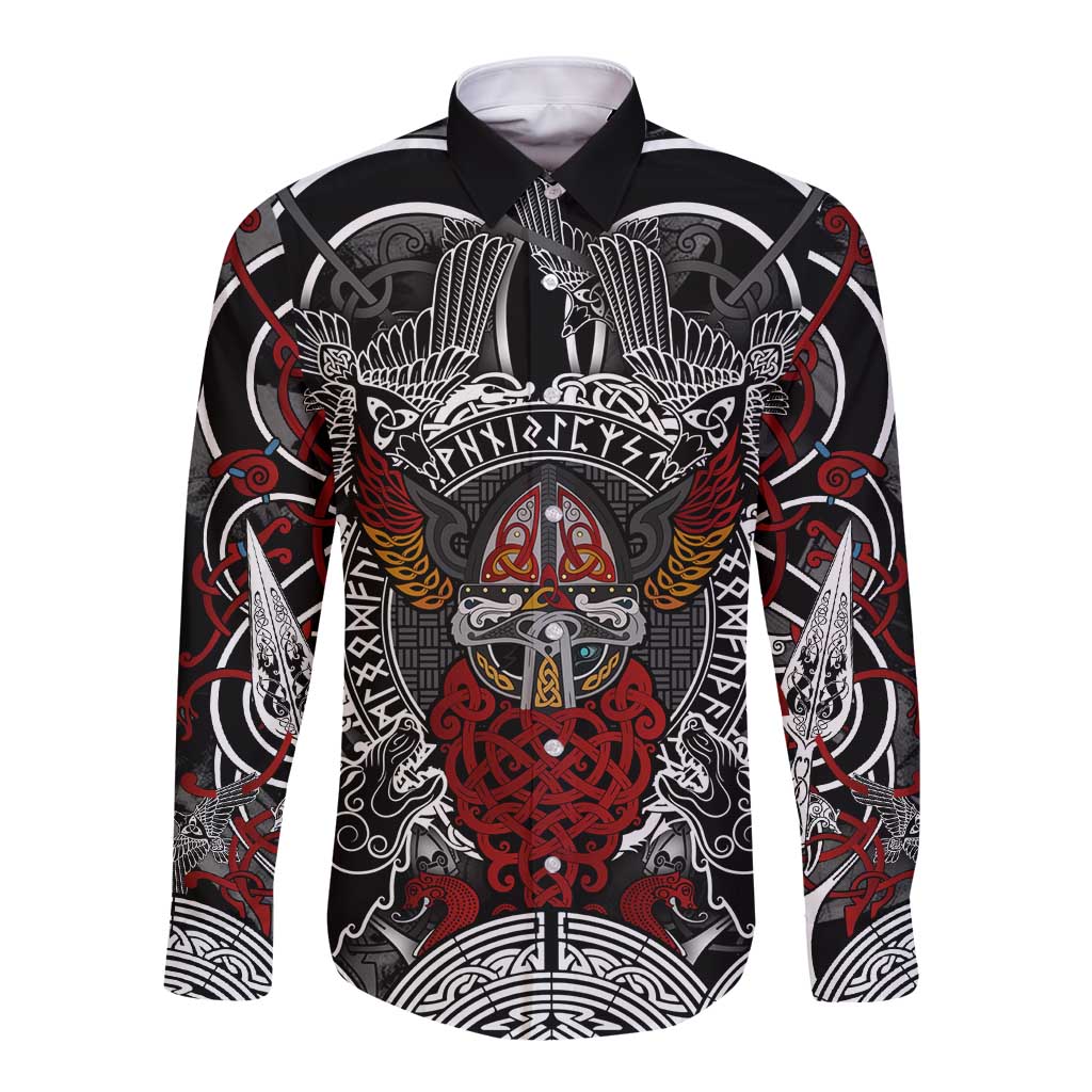 Viking Berserker and Valknut Norse Mythology Long Sleeve Button Shirt Red and Black Celtic Knotwork Art