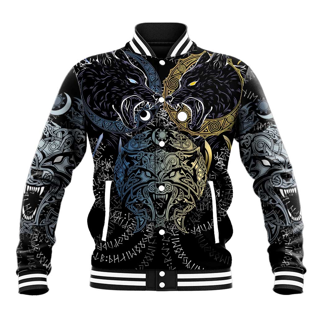 Skoll and Hati Norse Mythology Baseball Jacket Viking Dual Moon Celtic Line Art