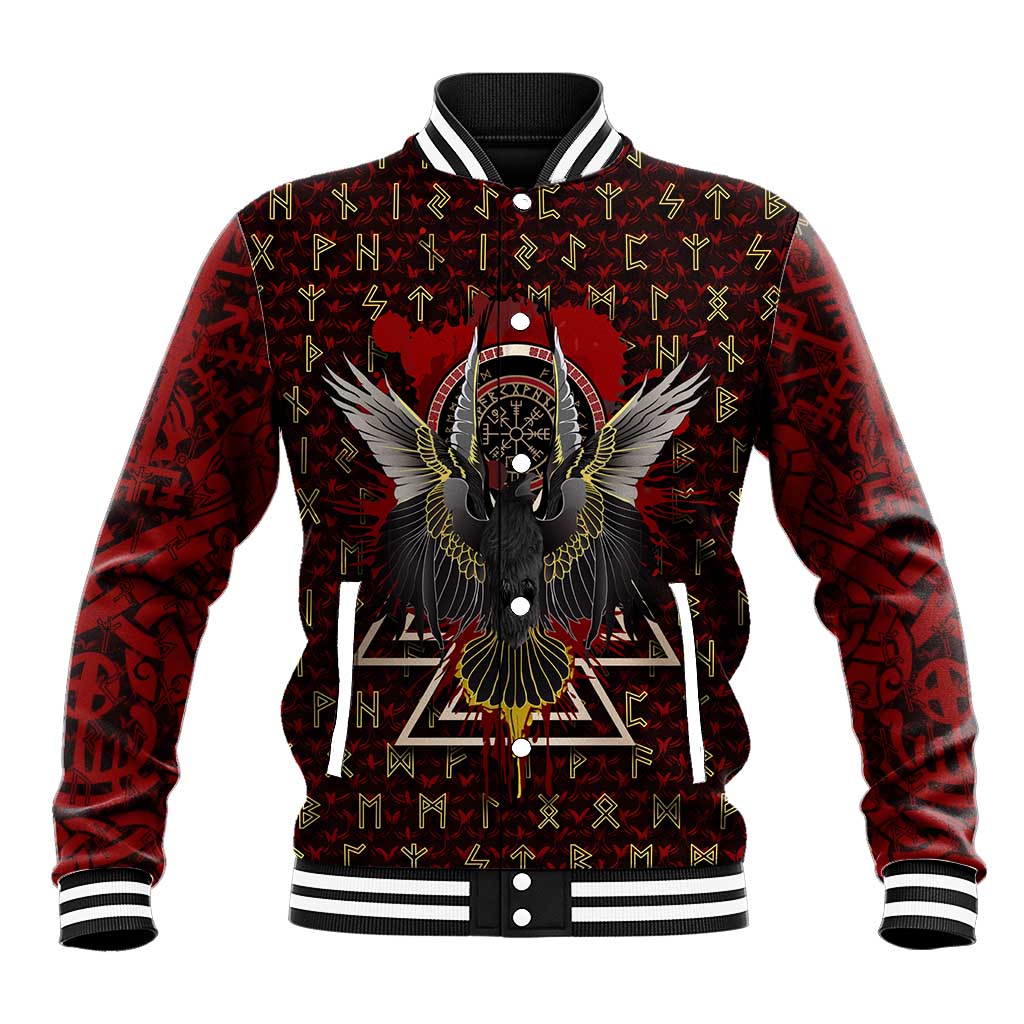 Raven and Bear Norse Symbolism Baseball Jacket Viking Blood Red Rune Art Style