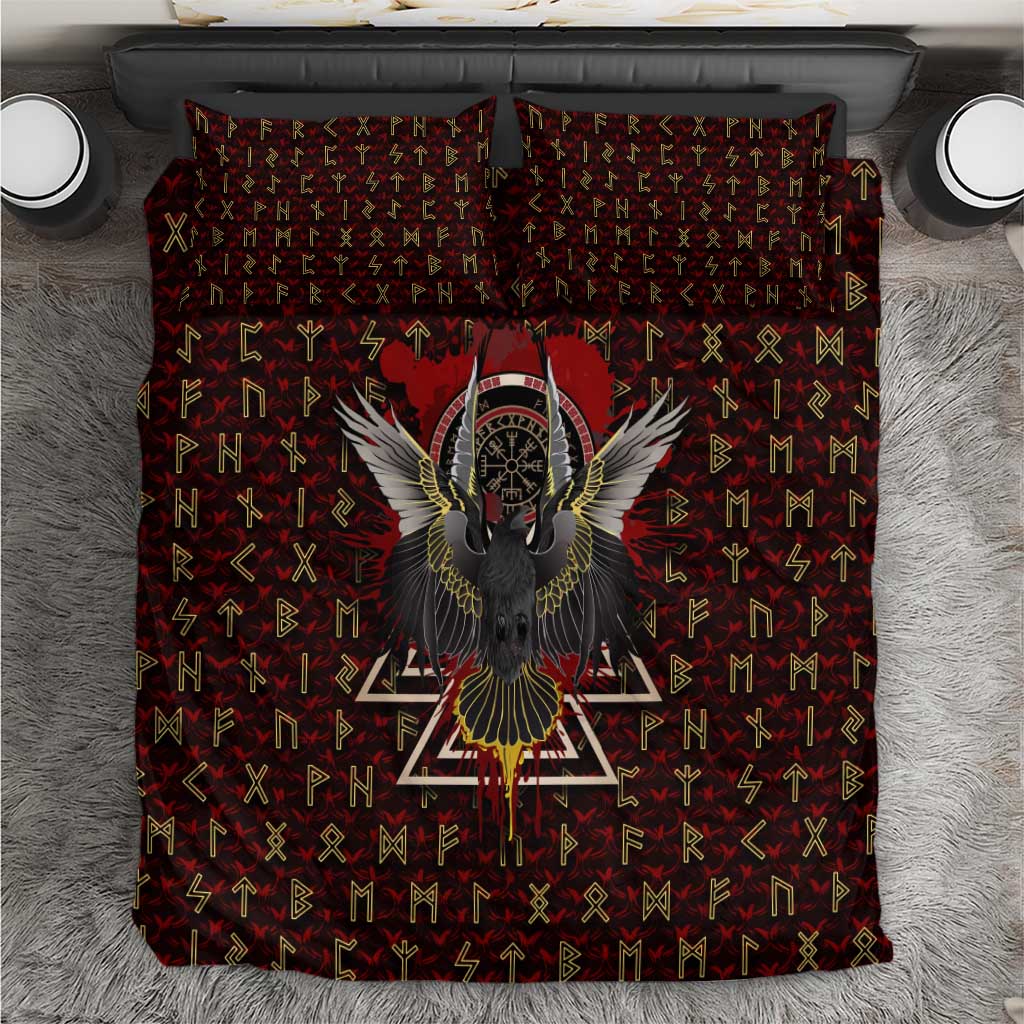 Raven and Bear Norse Symbolism Bedding Set Viking Blood Red Rune Art Style