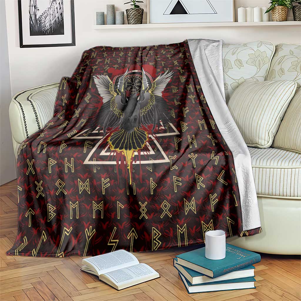Raven and Bear Norse Symbolism Blanket Viking Blood Red Rune Art Style