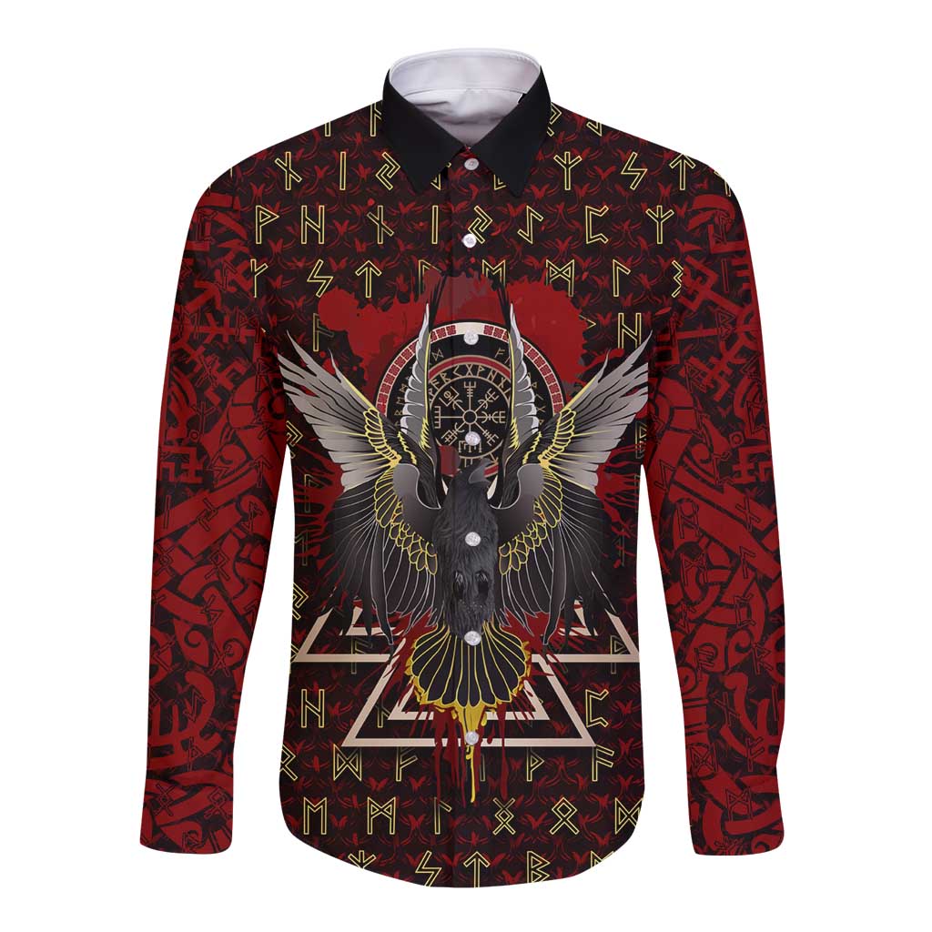 Raven and Bear Norse Symbolism Long Sleeve Button Shirt Viking Blood Red Rune Art Style