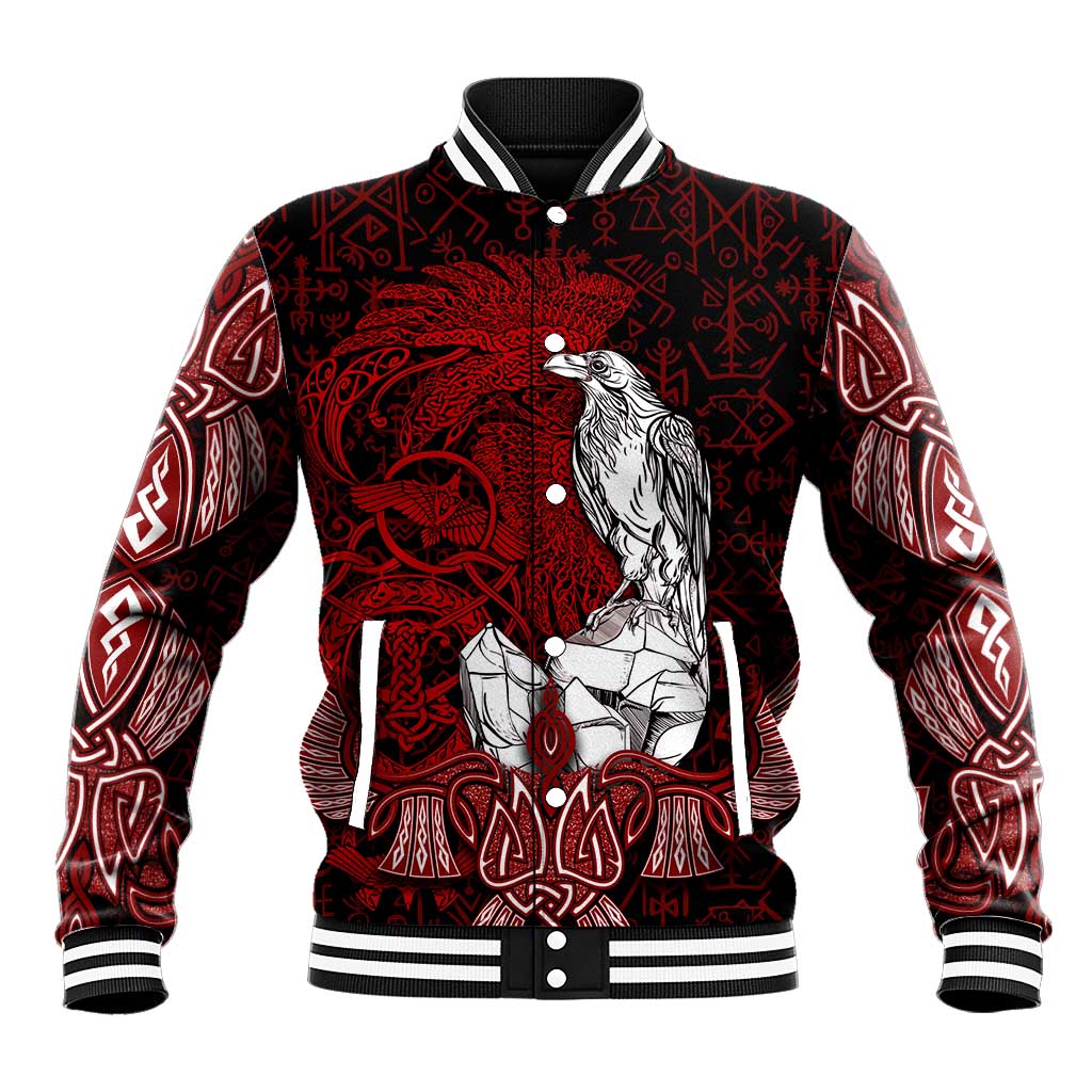 Raven and Serpent Norse Mythology Baseball Jacket Red and White Viking Line Art