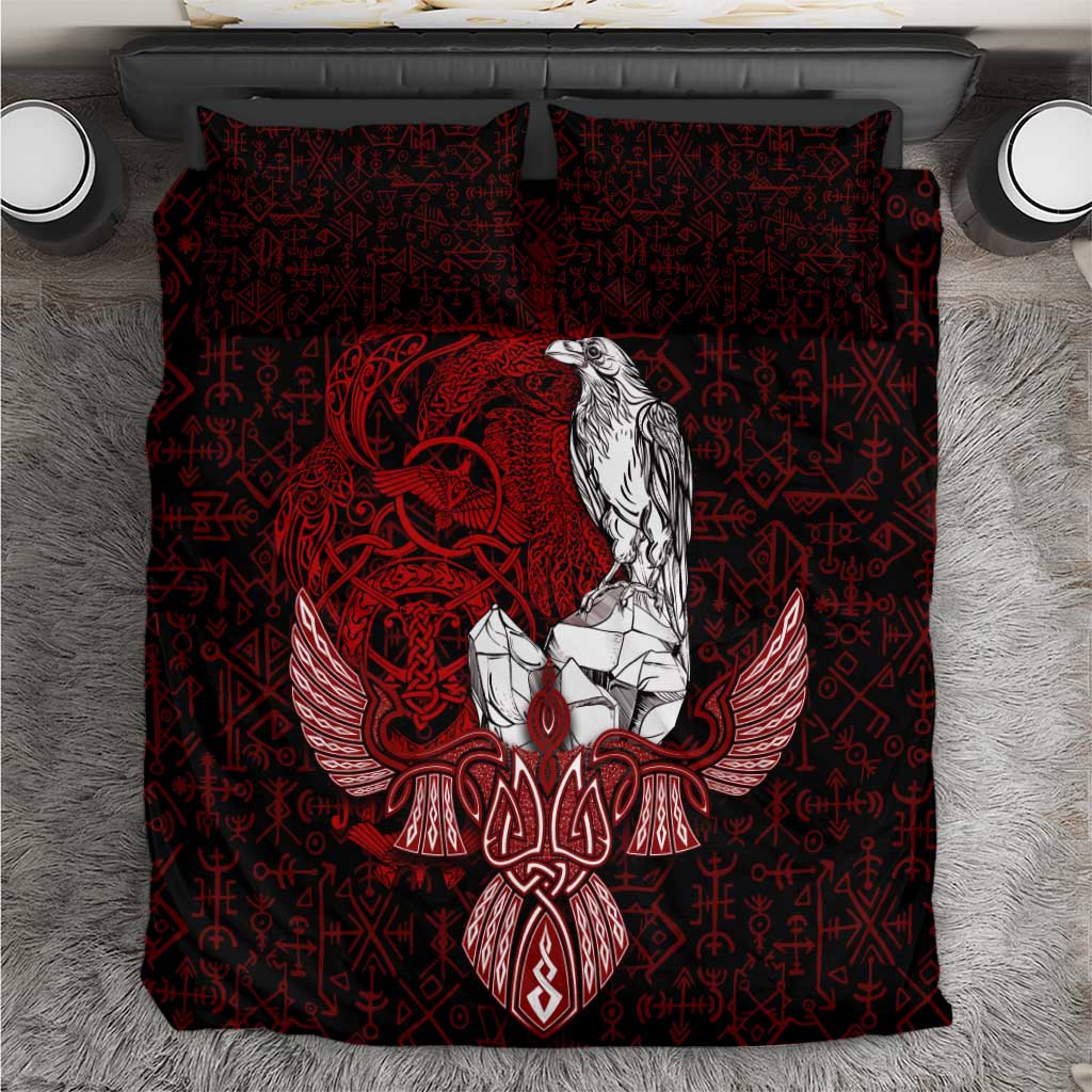 Raven and Serpent Norse Mythology Bedding Set Red and White Viking Line Art
