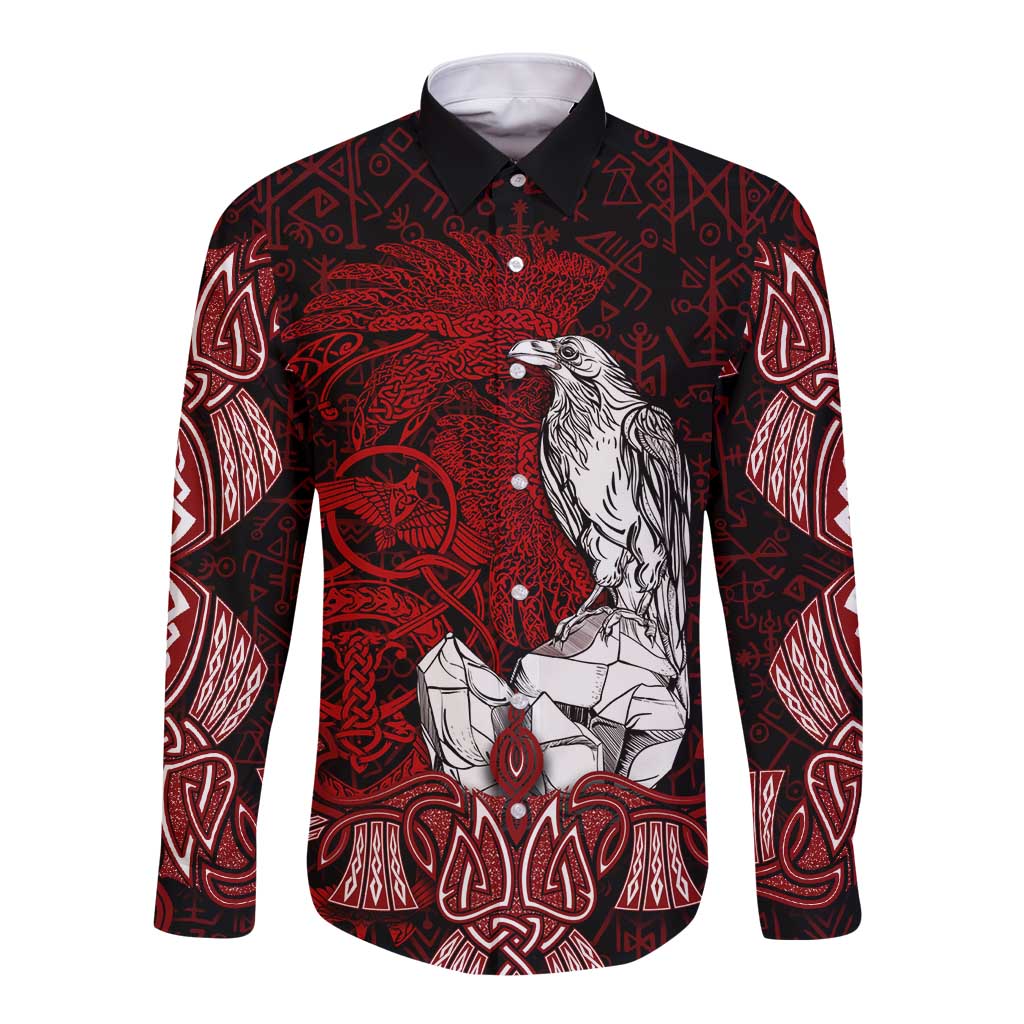 Raven and Serpent Norse Mythology Long Sleeve Button Shirt Red and White Viking Line Art
