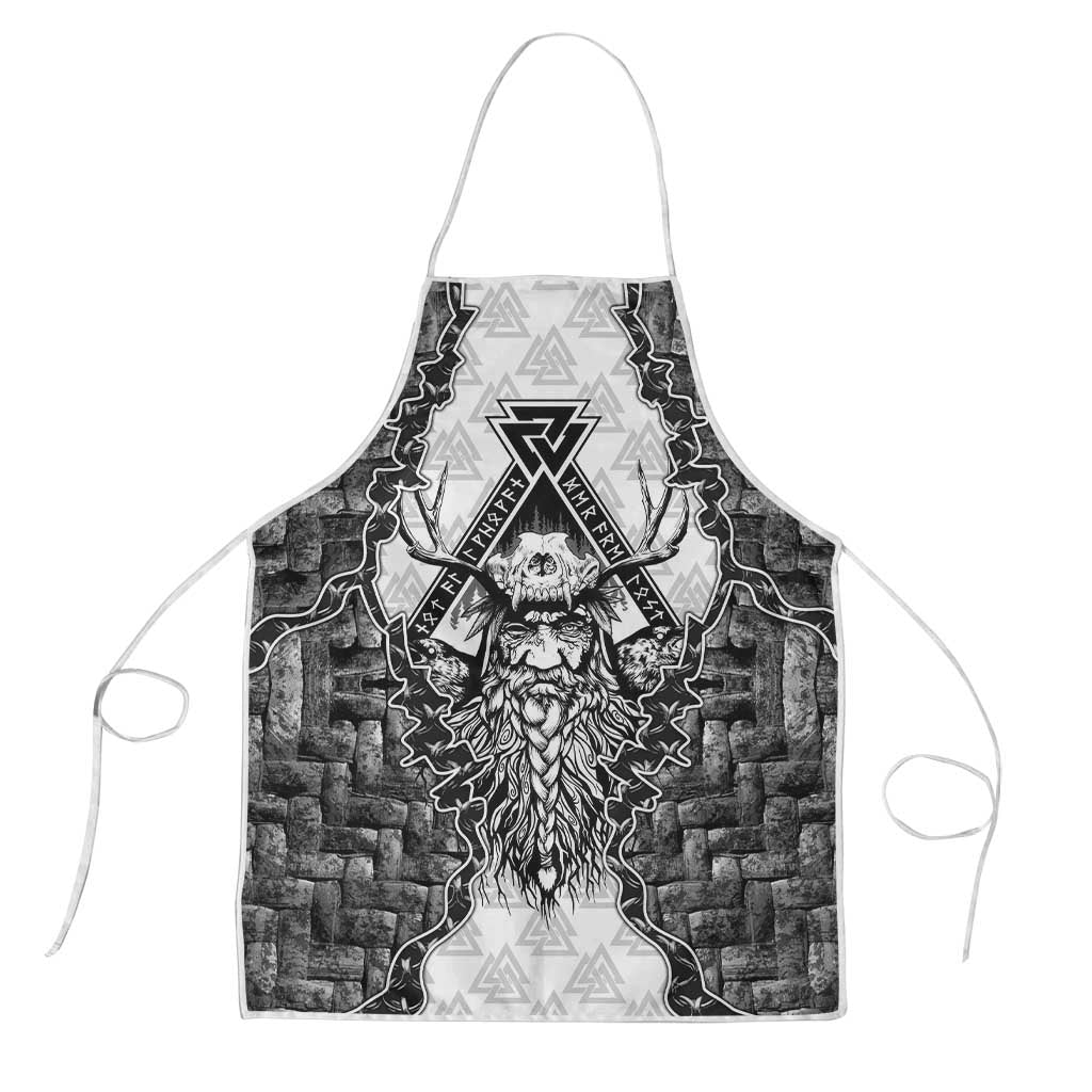Odin and Skull Warrior Norse Mythology Apron Viking Black and White Engraved Stone Art