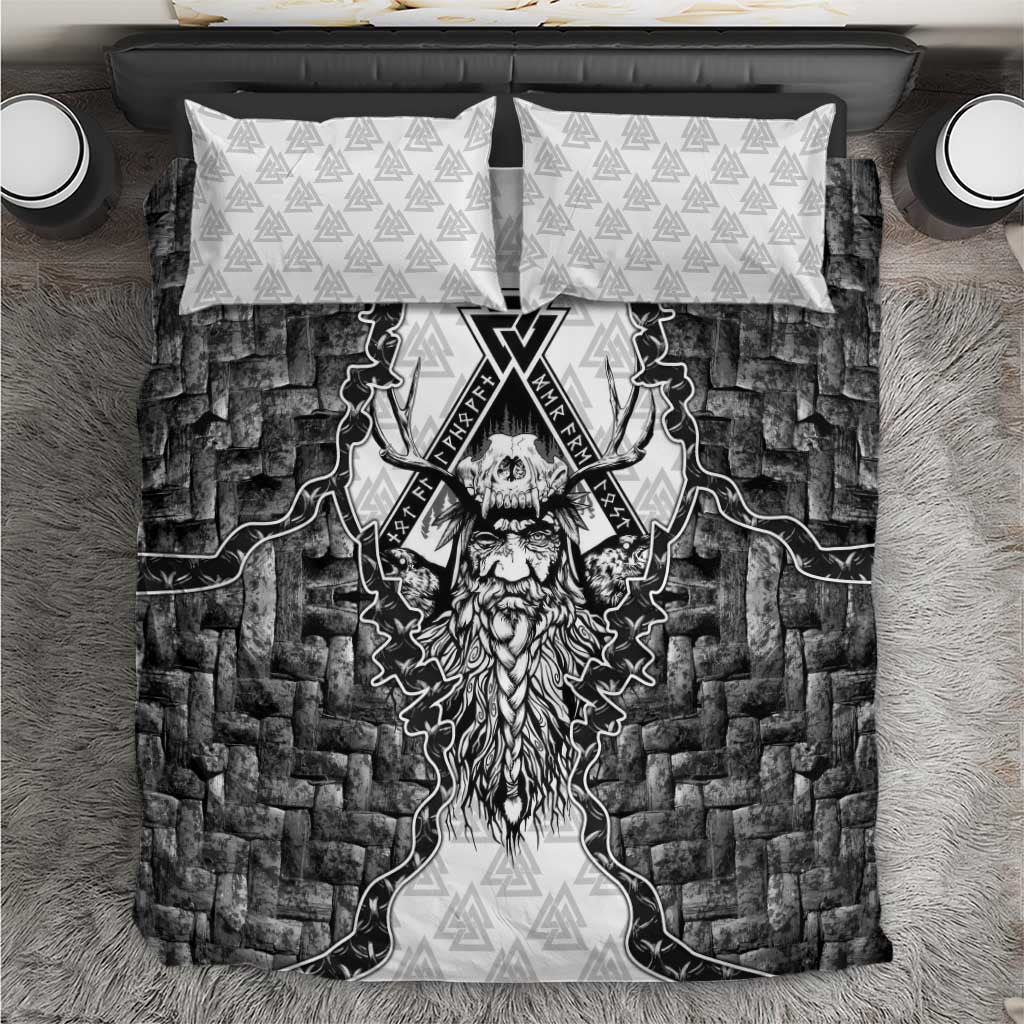 Odin and Skull Warrior Norse Mythology Bedding Set Viking Black and White Engraved Stone Art