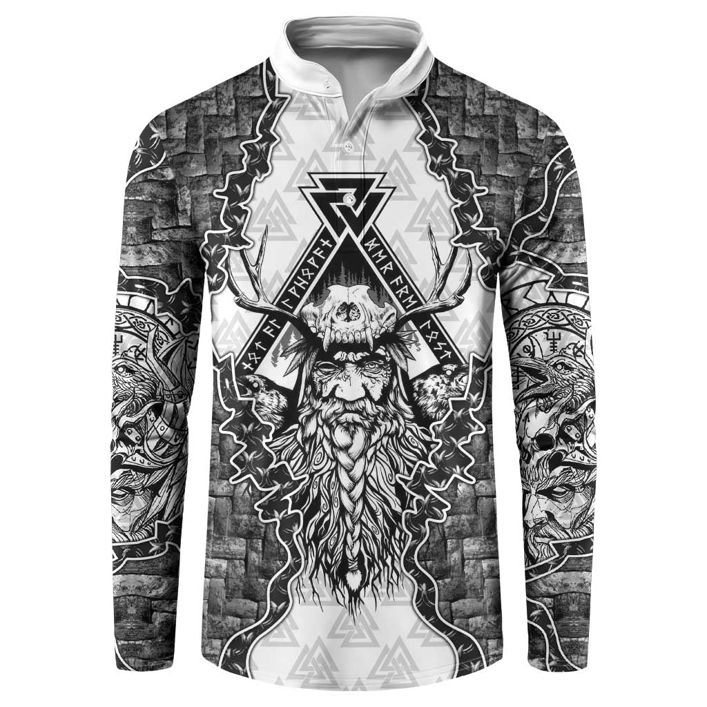 Odin and Skull Warrior Norse Mythology Button Sweatshirt Viking Black and White Engraved Stone Art