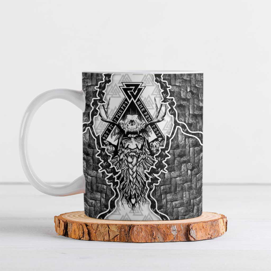 Odin and Skull Warrior Norse Mythology Ceramic Mug Viking Black and White Engraved Stone Art