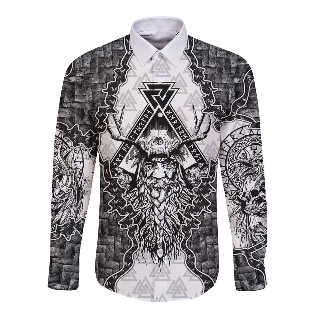 Odin and Skull Warrior Norse Mythology Long Sleeve Button Shirt Viking Black and White Engraved Stone Art