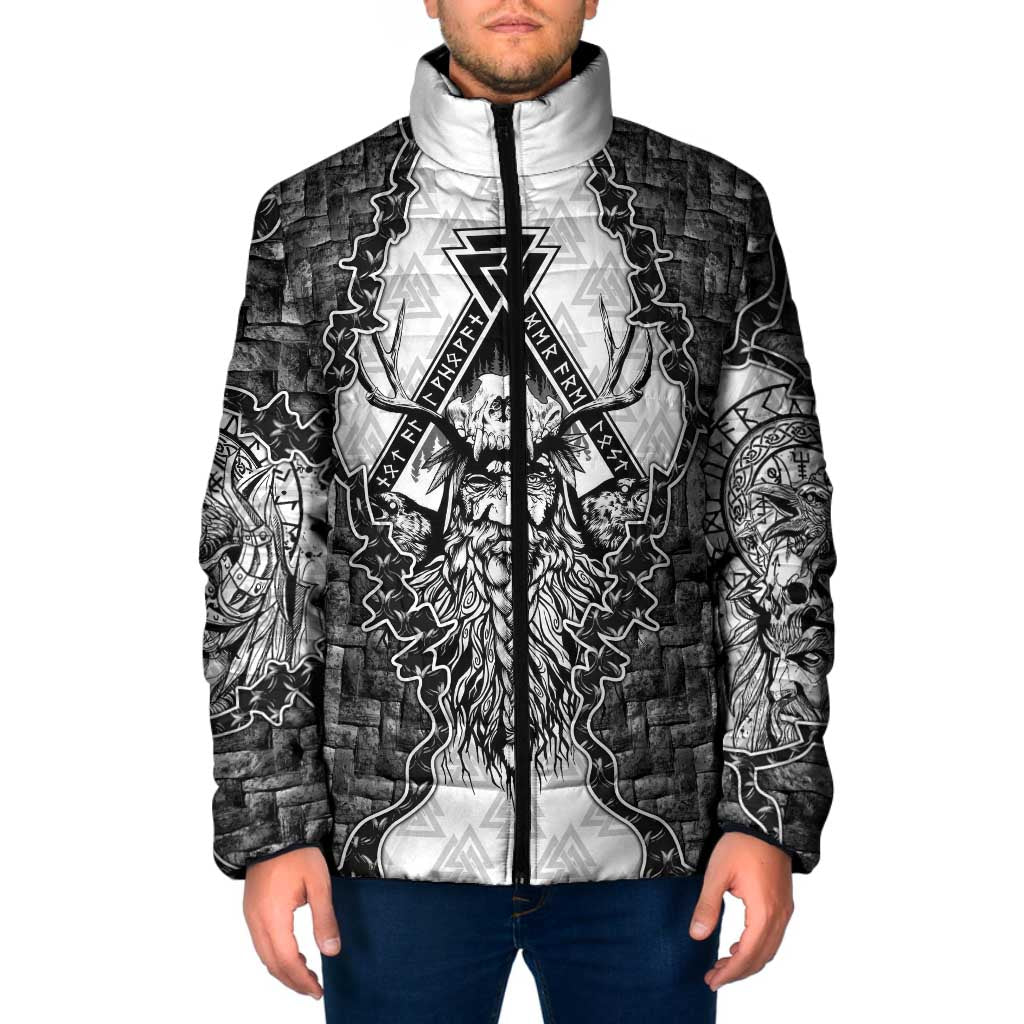 Odin and Skull Warrior Norse Mythology Padded Jacket Viking Black and White Engraved Stone Art