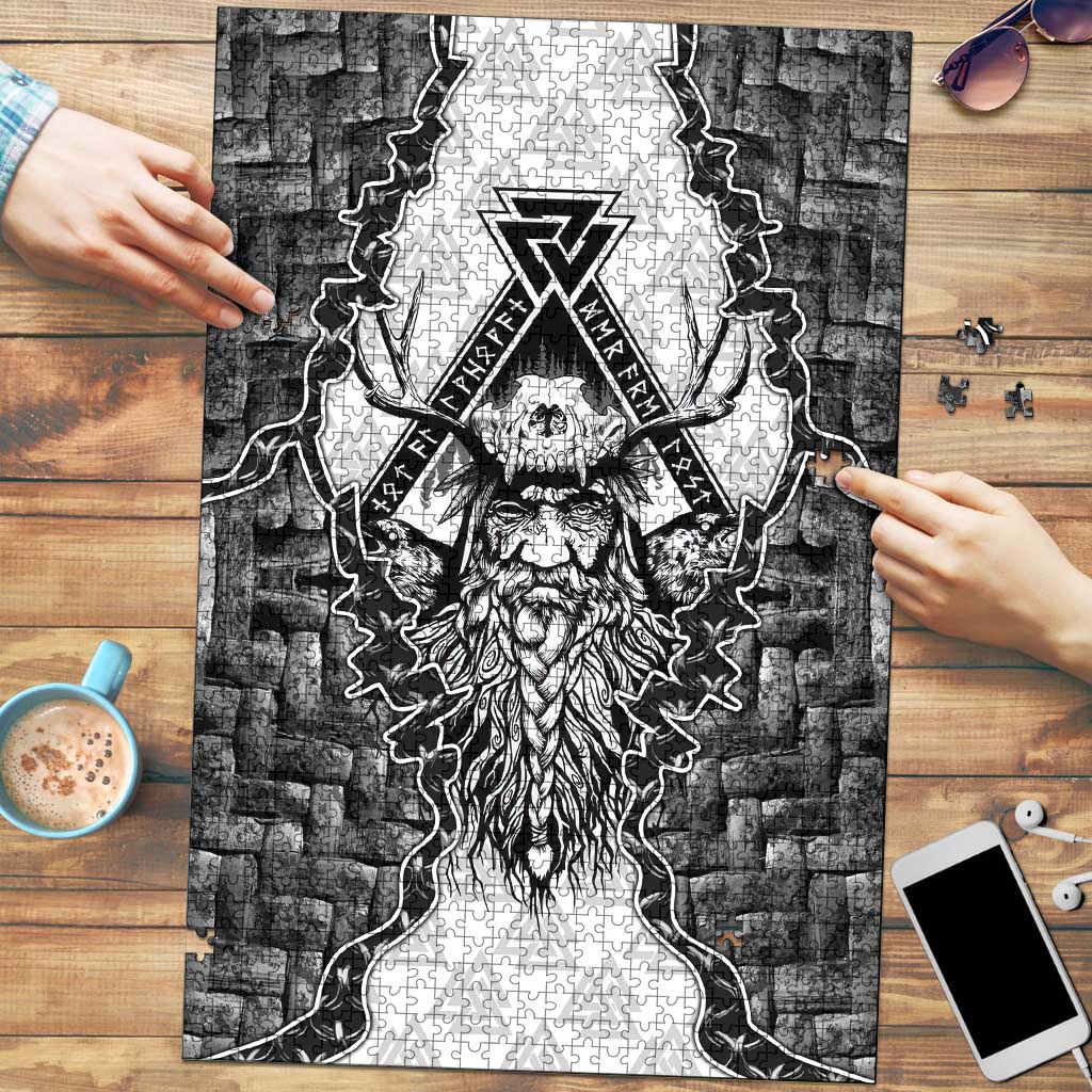 Odin and Skull Warrior Norse Mythology Puzzle Viking Black and White Engraved Stone Art