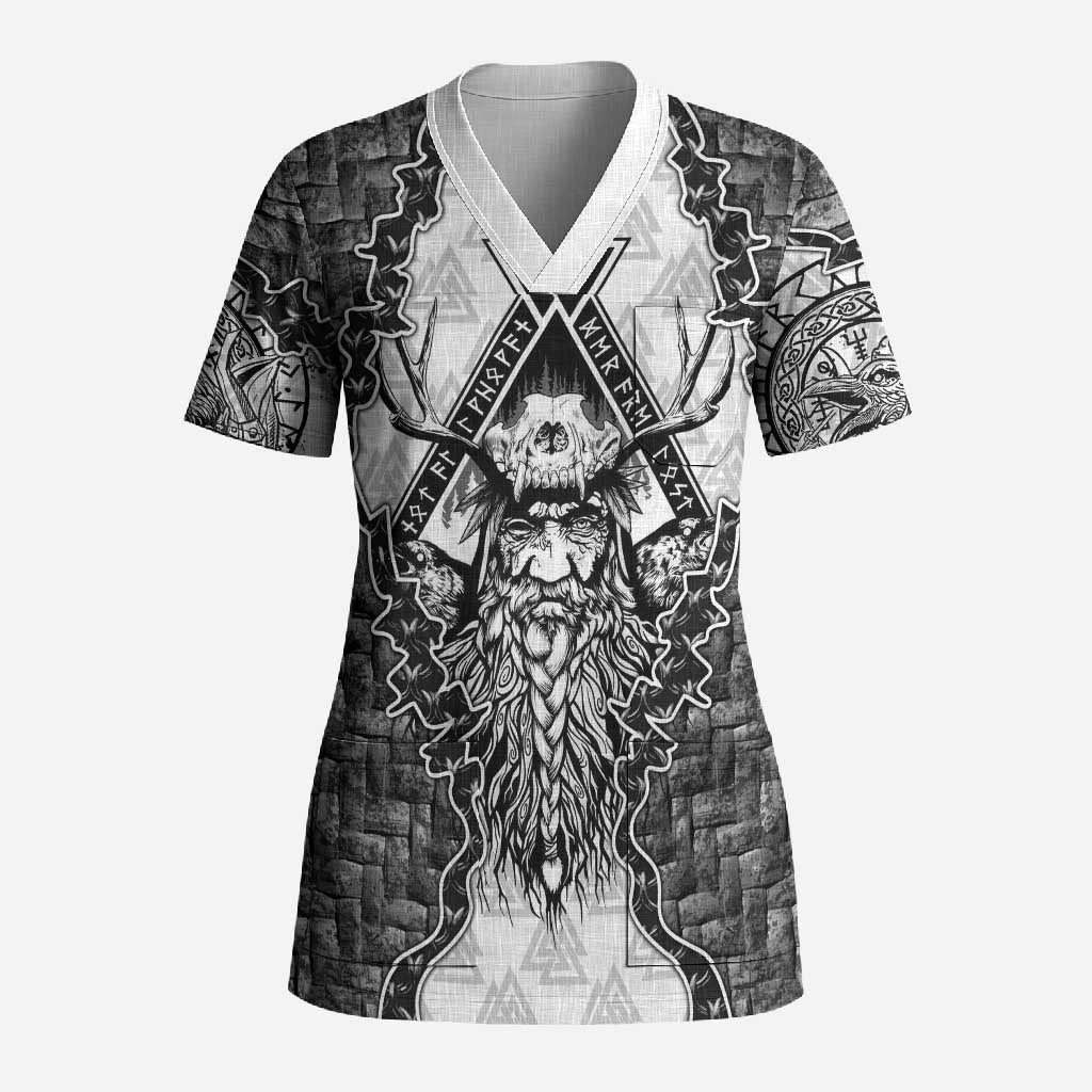Odin and Skull Warrior Norse Mythology Scrub Top Viking Black and White Engraved Stone Art