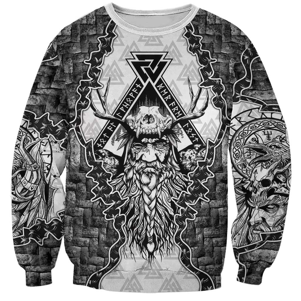 Odin and Skull Warrior Norse Mythology Sweatshirt Viking Black and White Engraved Stone Art