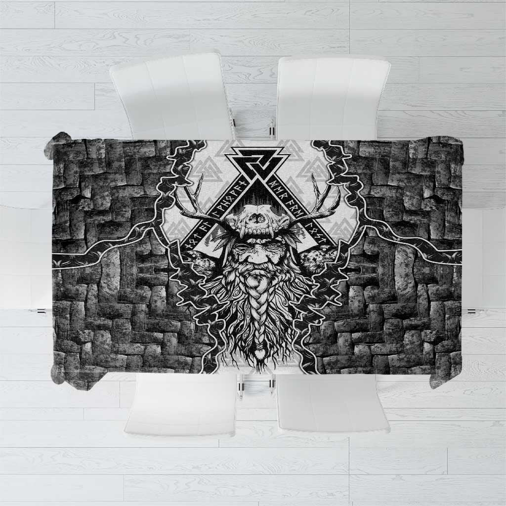Odin and Skull Warrior Norse Mythology Tablecloth Viking Black and White Engraved Stone Art