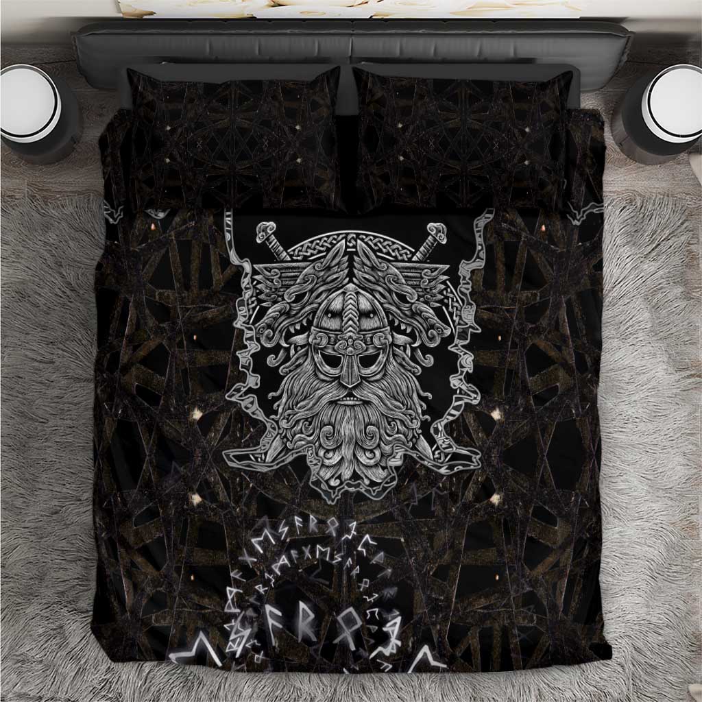 Viking Elder and Helm of Awe Norse Mythology Bedding Set Monochrome Rune Engraving Style