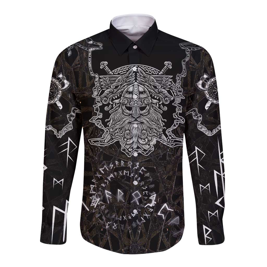 Viking Elder and Helm of Awe Norse Mythology Long Sleeve Button Shirt Monochrome Rune Engraving Style