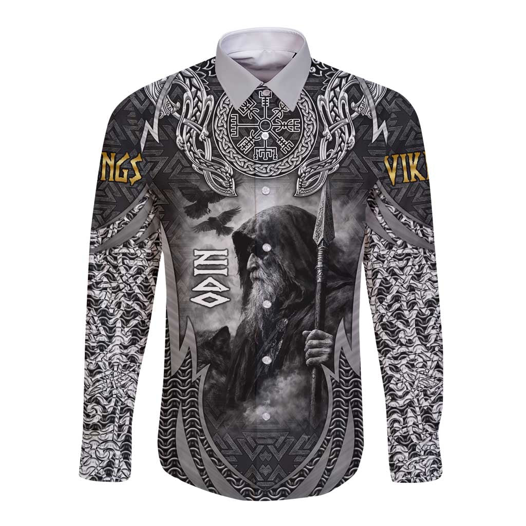 Odin and Viking Warrior Norse Mythology Long Sleeve Button Shirt Realistic Black and Grey Tattoo Style