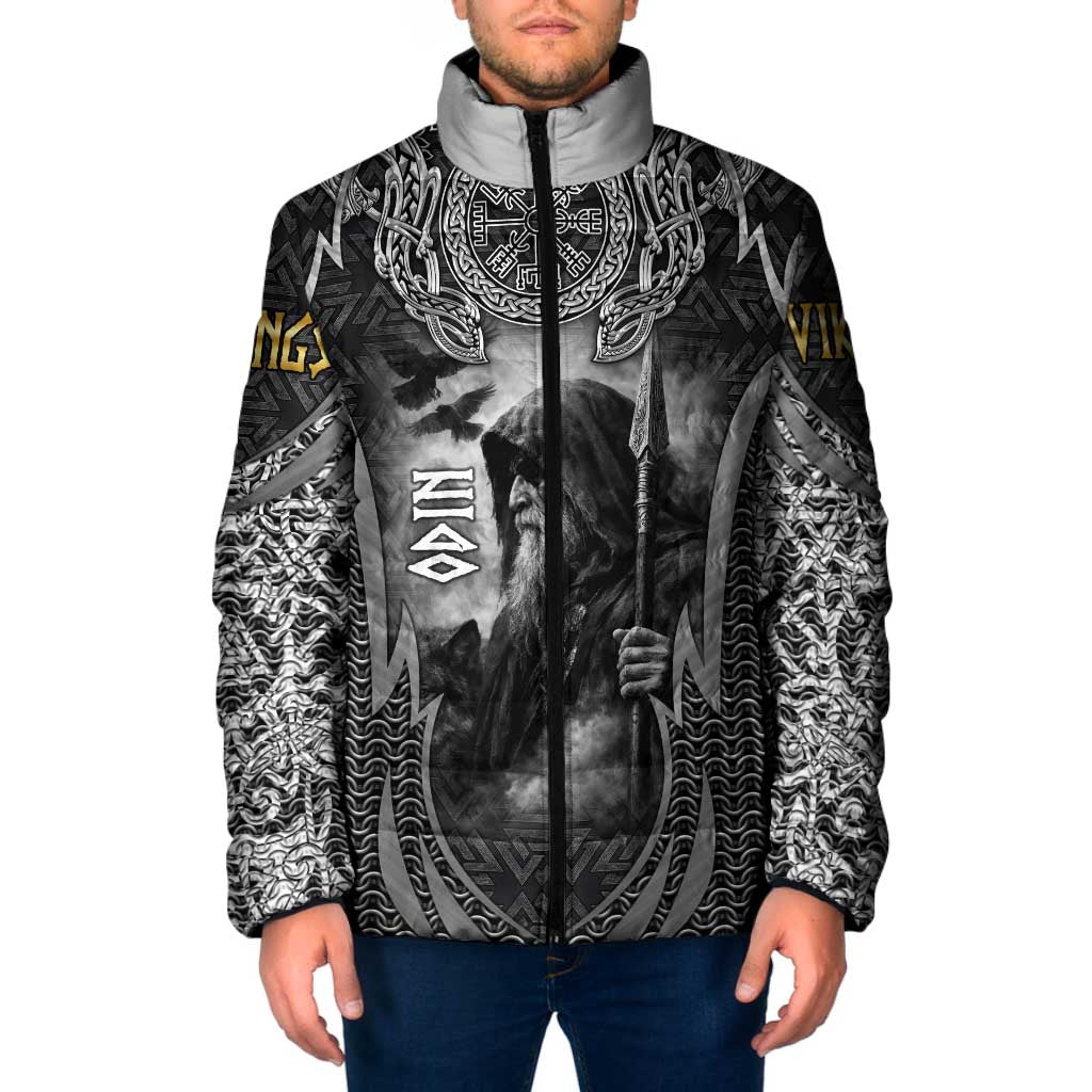 Odin and Viking Warrior Norse Mythology Padded Jacket Realistic Black and Grey Tattoo Style