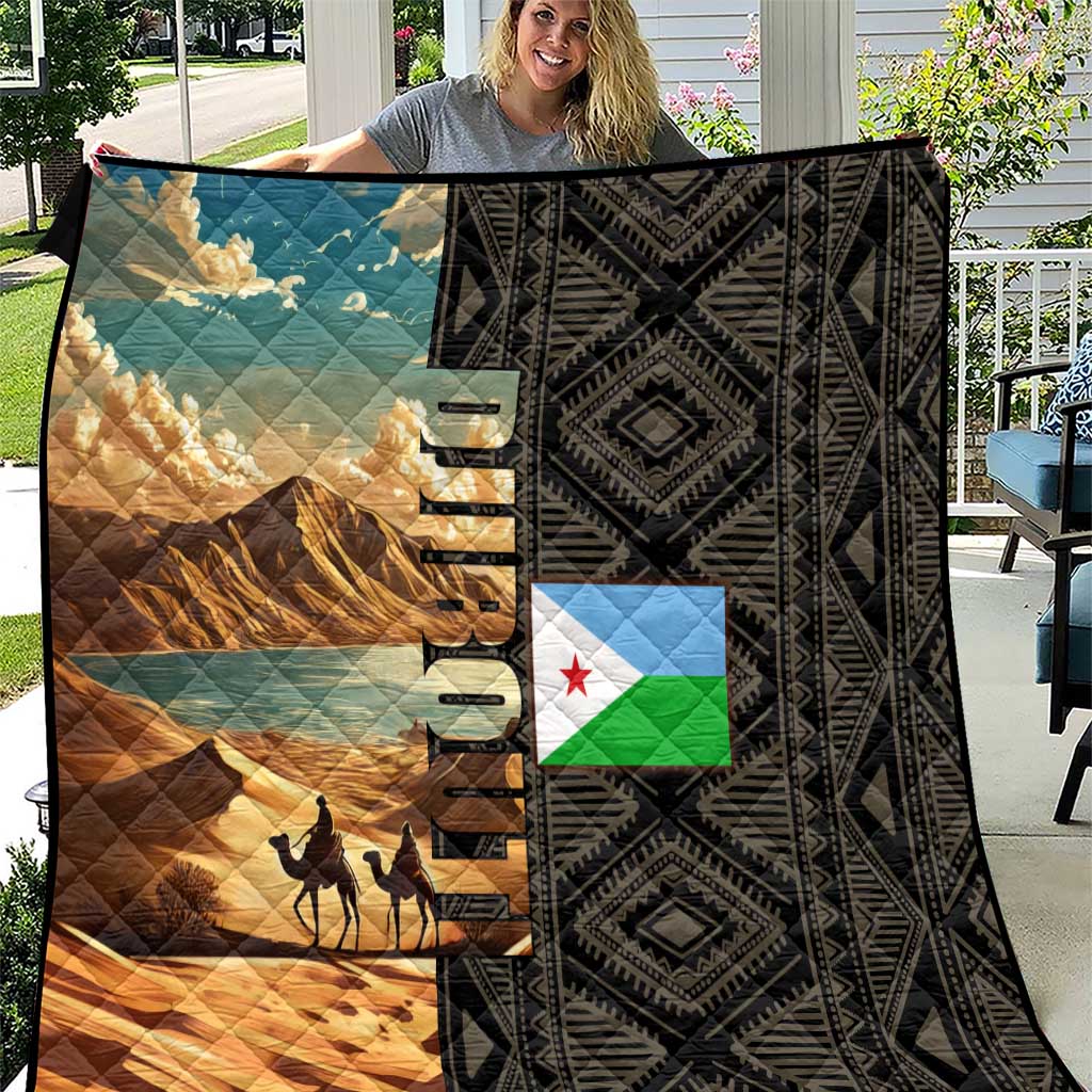 Djibouti Desert Landscape Tadjoura Quilt with Camel Riders and Tribal Pattern Design