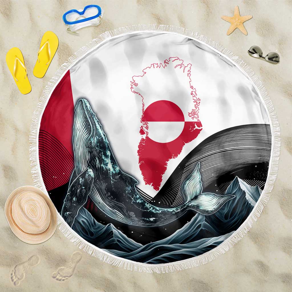 Round beach blanket with fringed edge, whale and wave graphic with Greenland flag map