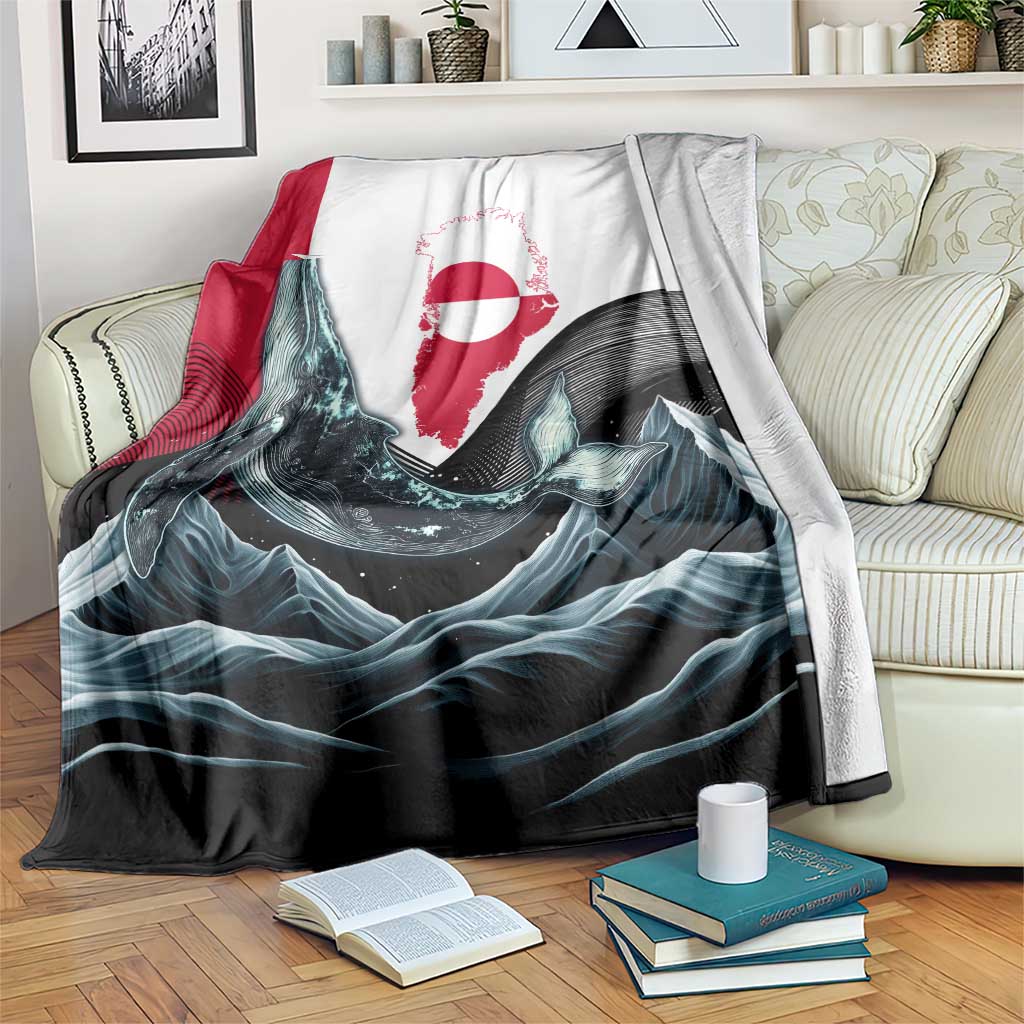 Whale-themed arctic waves blanket in blue-gray, black, white, and red with map-style island print