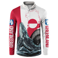 Button sweatshirt with whale and wave graphic, red/white panels, Greenland text sleeves.