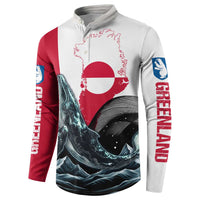 Button sweatshirt front with whale and waves art, arctic circle, red/white and Greenland text.