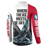 Button sweatshirt back with “Where the Ice Meets the Sky” text, whale waves, Greenland sleeves.