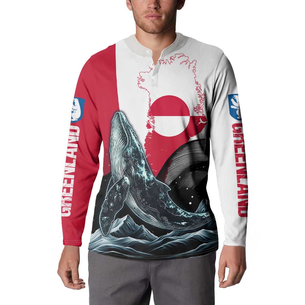 Men's button sweatshirt with whale graphic and arctic circle, red/white color-block sleeves.
