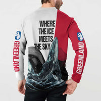 Men's button sweatshirt back with “Where the Ice Meets the Sky,” whale waves, Greenland sleeve text.