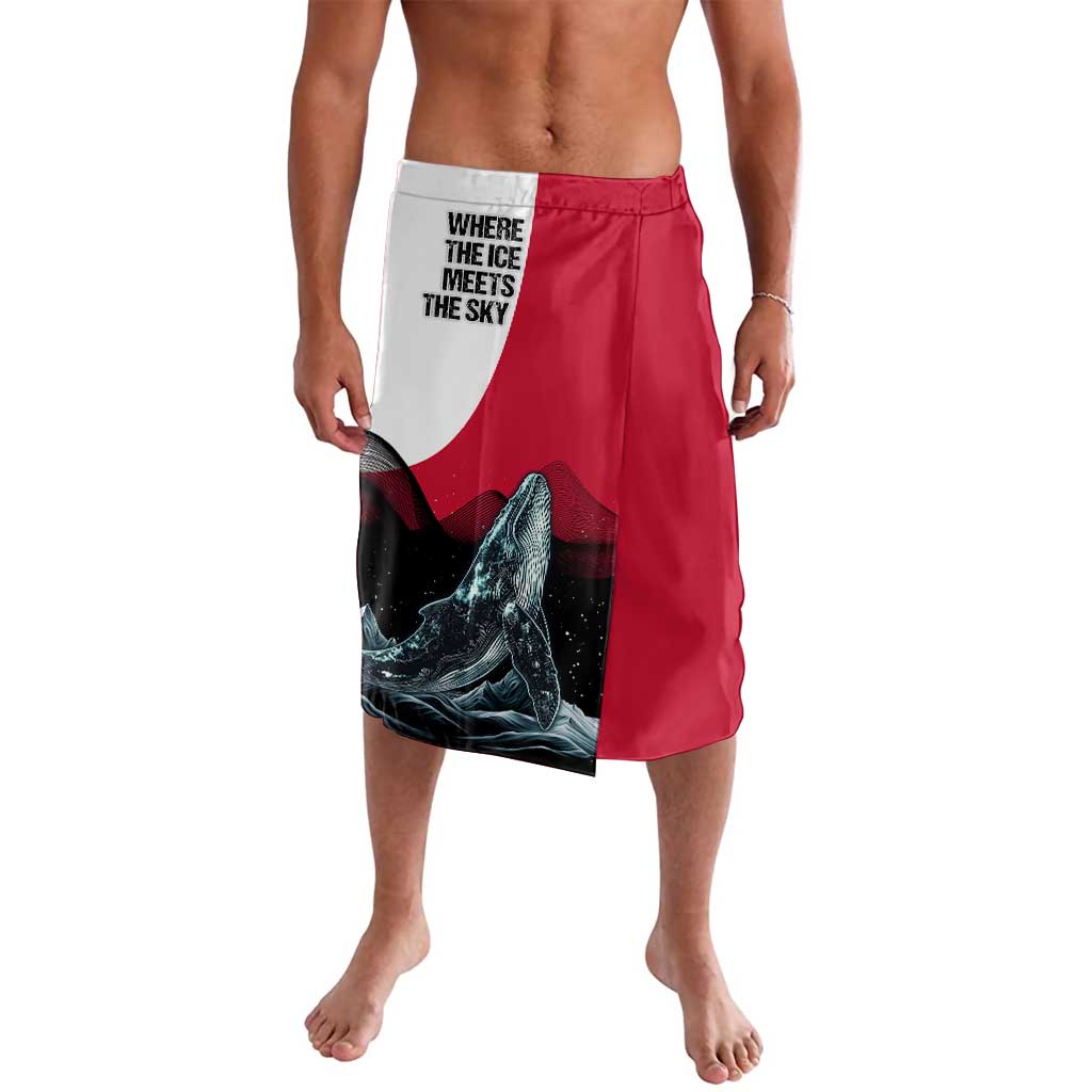 Red lavalava-style shorts with whale wave print and Where the Ice Meets the Sky text