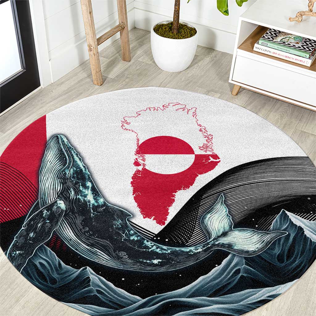 Round whale arctic waves rug, white center, red whale icon, teal and black waves