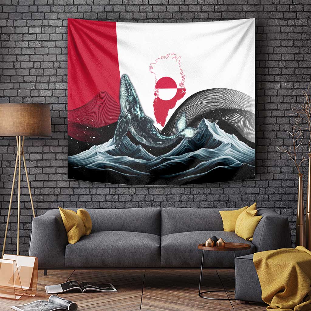 Red and white whale tapestry with blue arctic waves and graphic map-like polar emblem