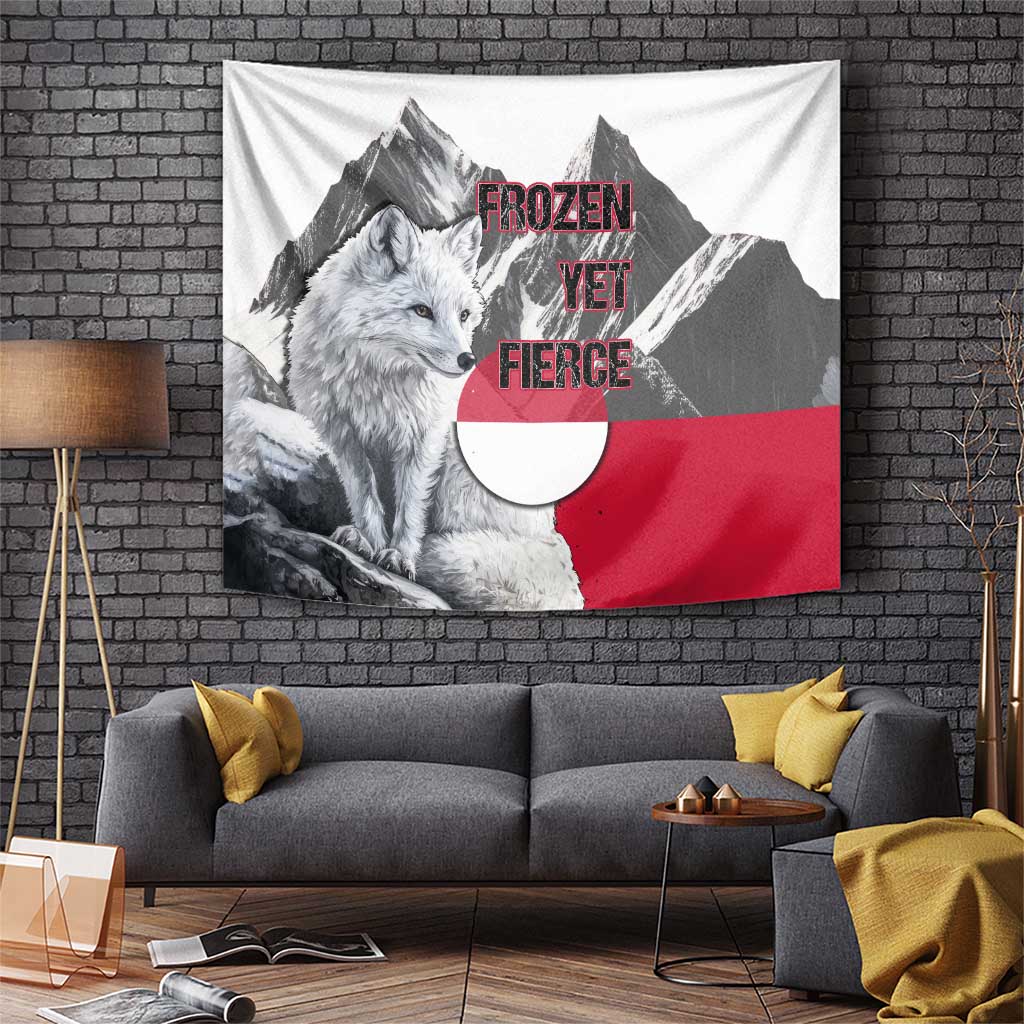 Wall tapestry: arctic fox and mountains with red 'FROZEN YET FIERCE' text, red/white design