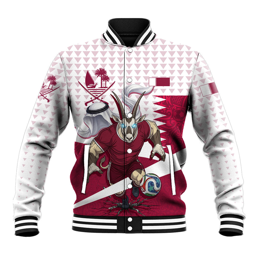 Personalized Qatar Soccer Baseball Jacket Arabian Oryx Football Mascot - Comic Art Geometric