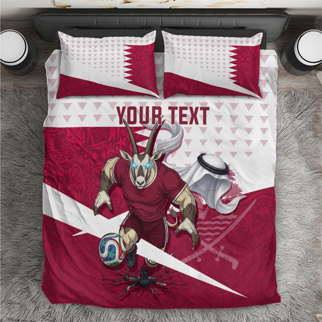 Personalized Qatar Soccer Bedding Set Arabian Oryx Football Mascot - Comic Art Geometric