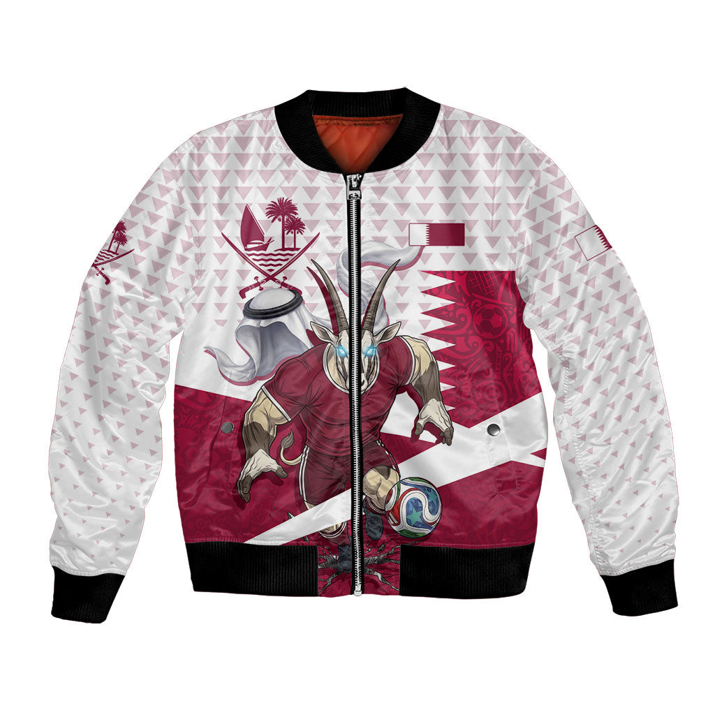 Personalized Qatar Soccer Bomber Jacket Arabian Oryx Football Mascot - Comic Art Geometric
