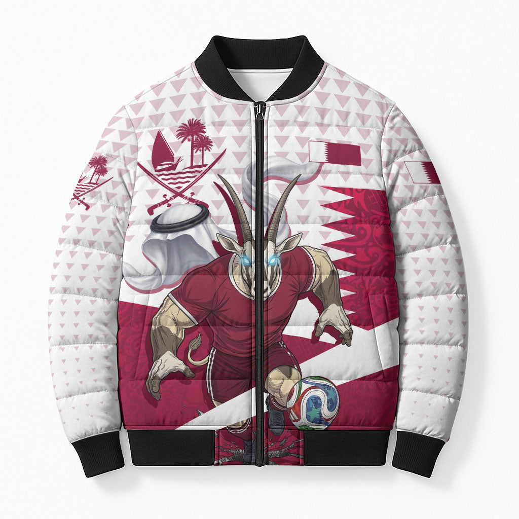 Personalized Qatar Soccer Bomber Puffer Jacket Arabian Oryx Football Mascot - Comic Art Geometric
