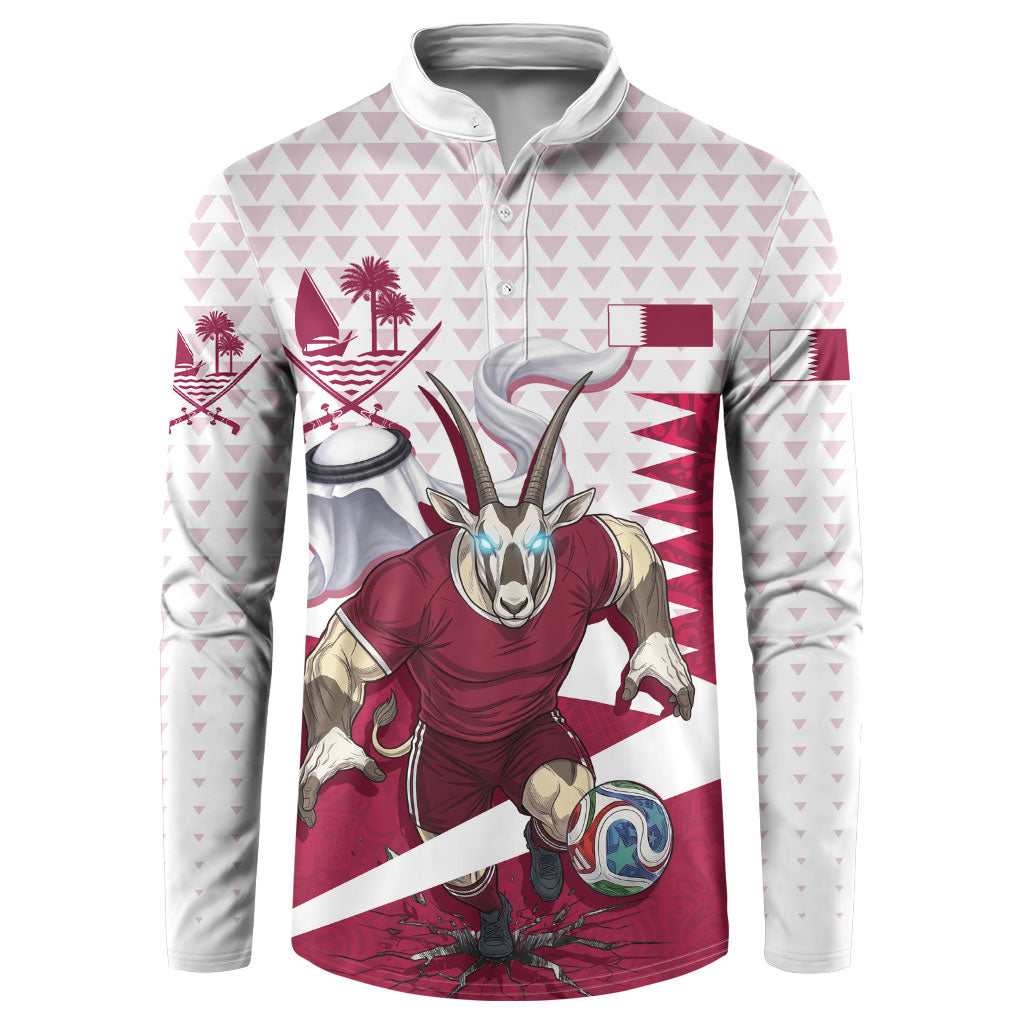 Personalized Qatar Soccer Button Sweatshirt Arabian Oryx Football Mascot - Comic Art Geometric