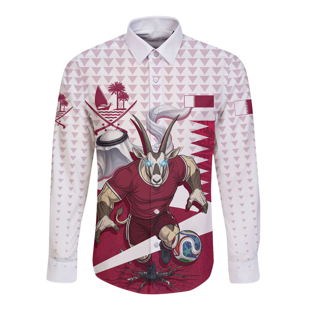 Personalized Qatar Soccer Long Sleeve Button Shirt Arabian Oryx Football Mascot - Comic Art Geometric
