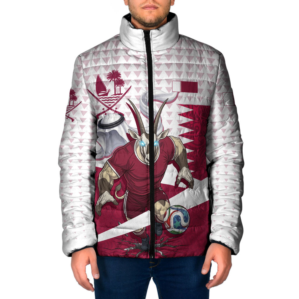 Personalized Qatar Soccer Padded Jacket Arabian Oryx Football Mascot - Comic Art Geometric