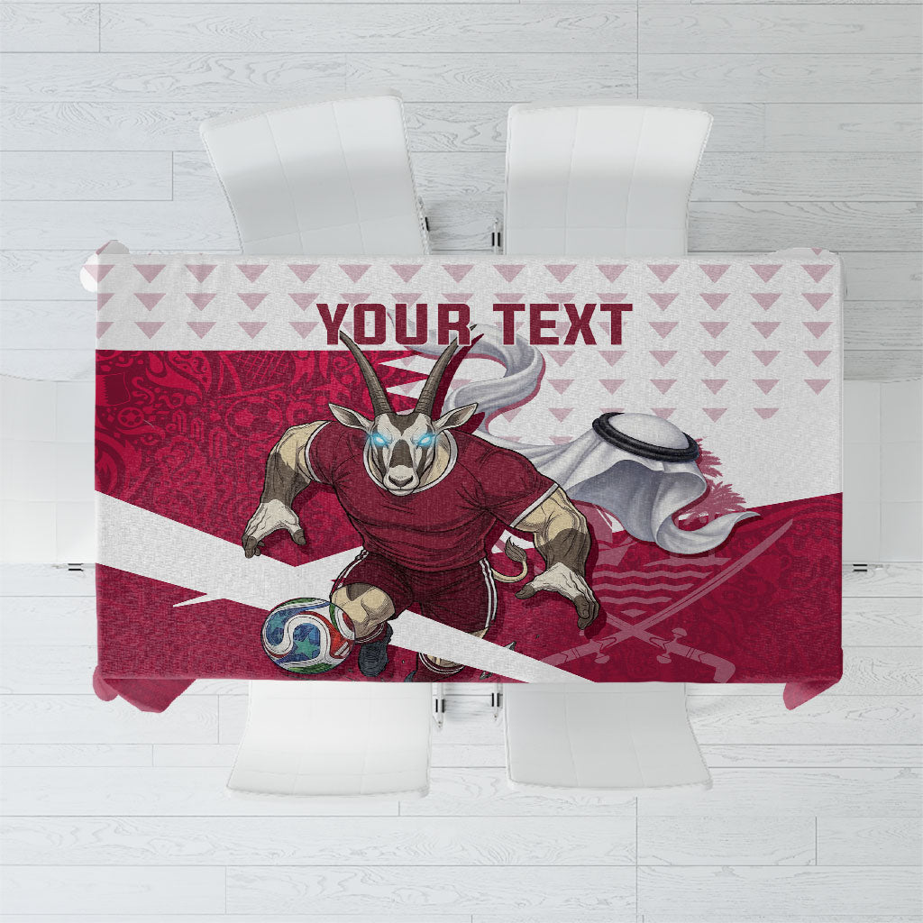 Personalized Qatar Soccer Tablecloth Arabian Oryx Football Mascot - Comic Art Geometric