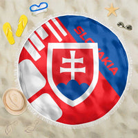 Round Slovakia flag beach blanket with crest print and white fringe edge