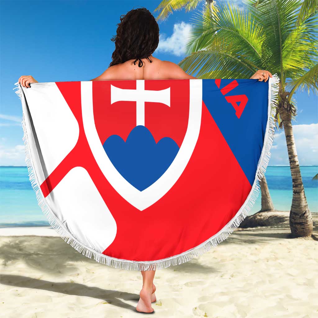 Round Slovakia flag beach blanket with crest design and white fringe edge